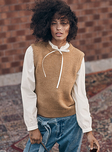 Ic&ocirc;ne Light Brown/Gingham Heathered touch of wool sweater vest for women