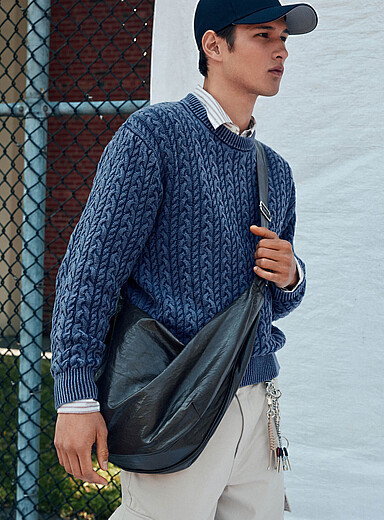 Djab: Le chandail tricot c&acirc;bles d&eacute;lav&eacute; Bleu marine - Bleu nuit pour homme