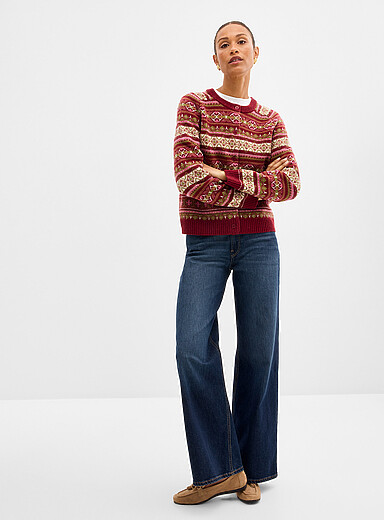 Contemporaine: Le cardigan jacquard laine recycl&eacute;e Rouge &agrave; motifs pour femme