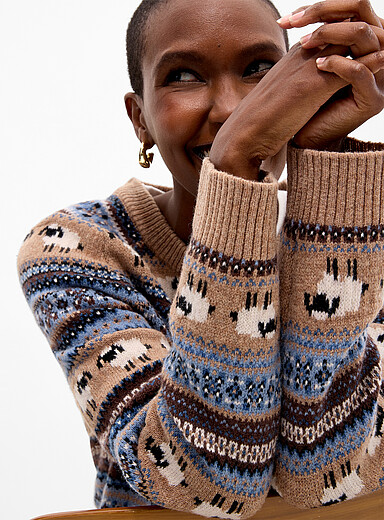 Contemporaine: Le cardigan jacquard laine recycl&eacute;e Beige &agrave; motifs pour femme