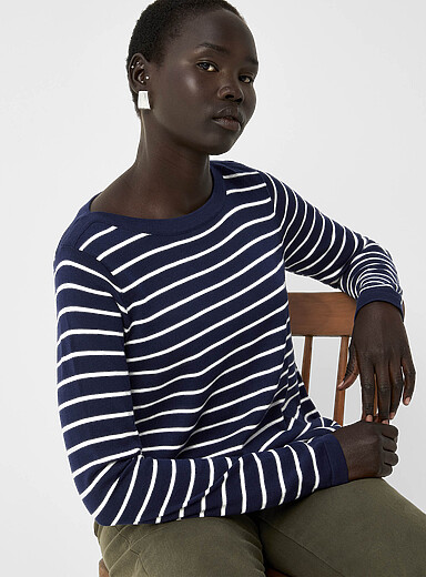 Contemporaine: Le chandail ray&eacute; pur coton Bleu marine - Bleu nuit pour femme