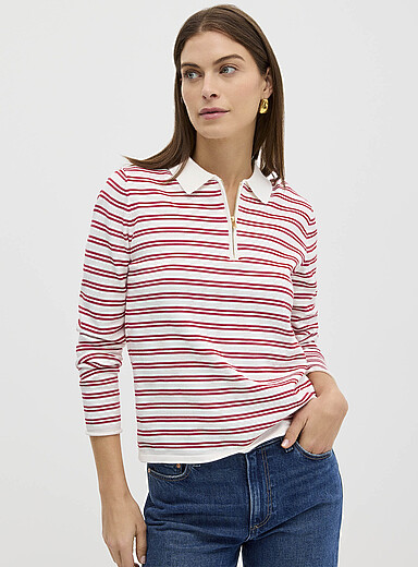Contemporaine: Le chandail fines rayures col zipp&eacute; Rouge pour femme