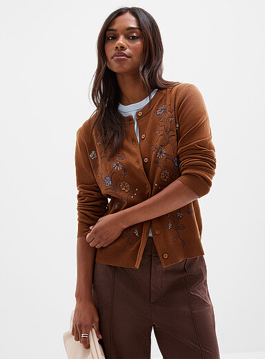 Contemporaine Brown Delicate embroidery 100% cotton cardigan for women