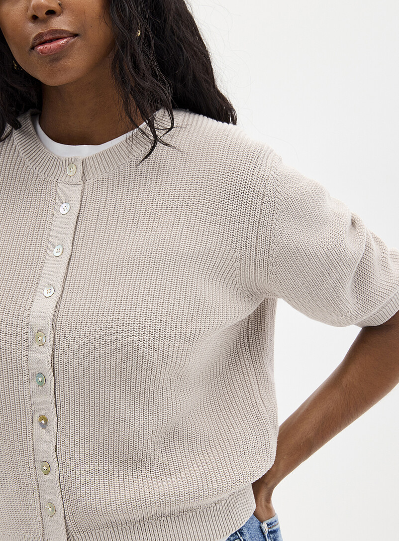 Contemporaine: Le cardigan c&ocirc;tes perl&eacute;es manches courtes Vert pistache - Menthe pour femme