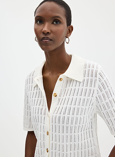 Contemporaine Off White 100% cotton openwork shirt-collar cardigan for women