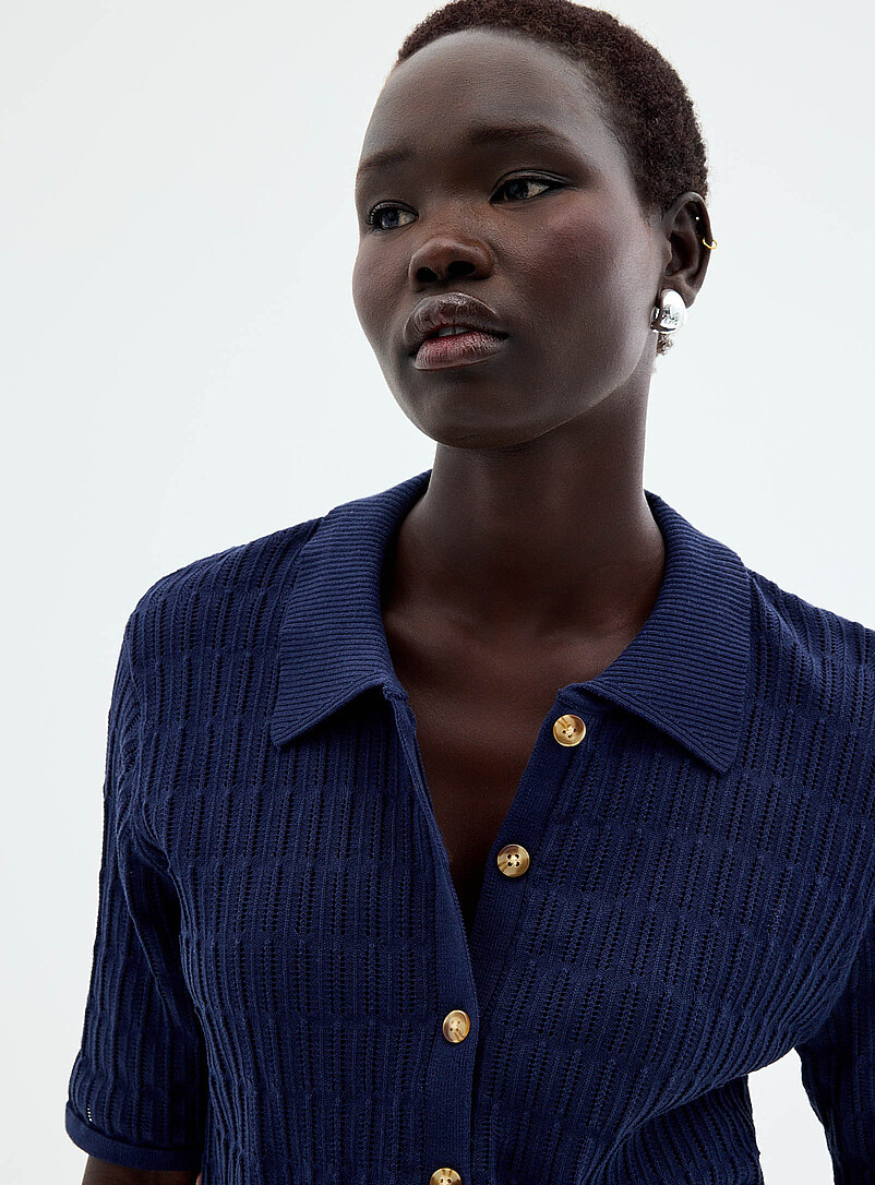 Contemporaine: Le cardigan ajour&eacute; col chemise pur coton Bleu marine - Bleu nuit pour femme