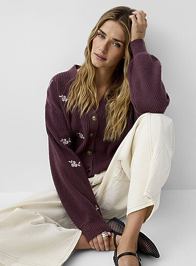 Ic&ocirc;ne Mauve Embroidered flowers cropped cardigan for women