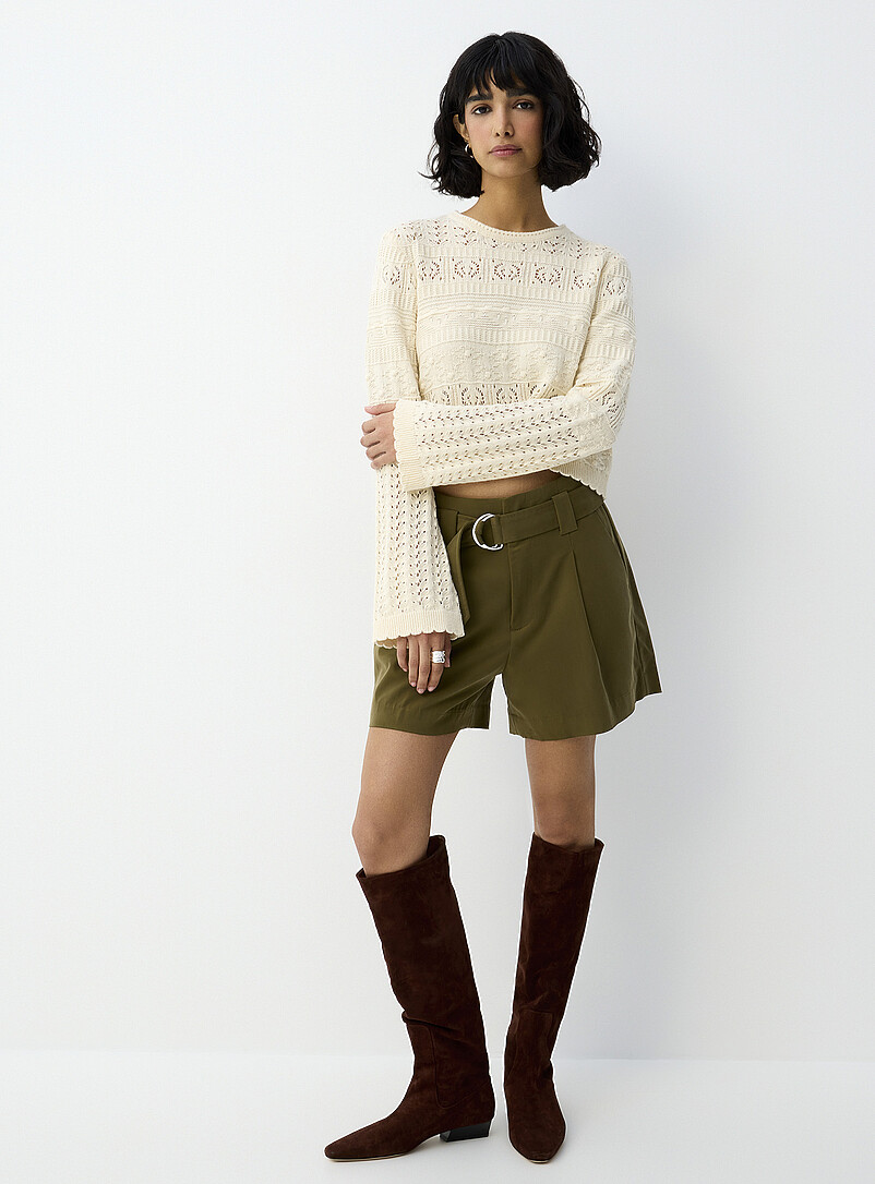 Ic&ocirc;ne: Le chandail court manches cloche tricot ajour&eacute; Ivoire - Beige cr&egrave;me pour femme