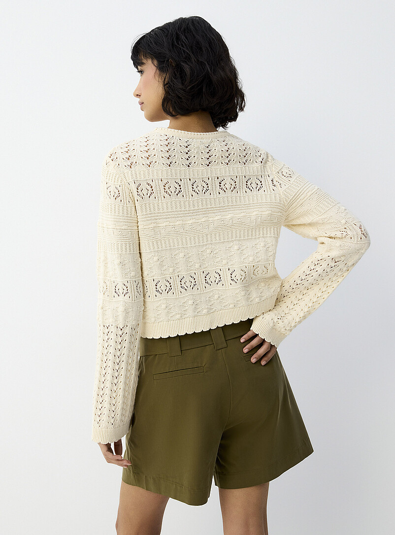 Ic&ocirc;ne: Le chandail court manches cloche tricot ajour&eacute; Ivoire - Beige cr&egrave;me pour femme