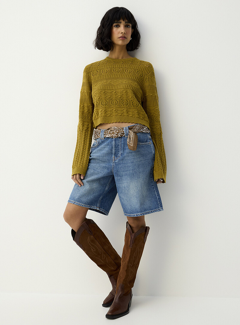 Ic&ocirc;ne Ivory/Cream Beige Openwork knit cropped bell-sleeve sweater for women