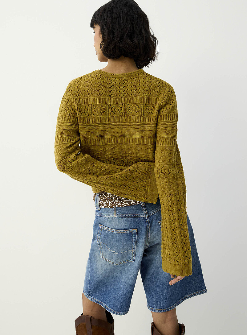 Ic&ocirc;ne: Le chandail court manches cloche tricot ajour&eacute; Ivoire - Beige cr&egrave;me pour femme