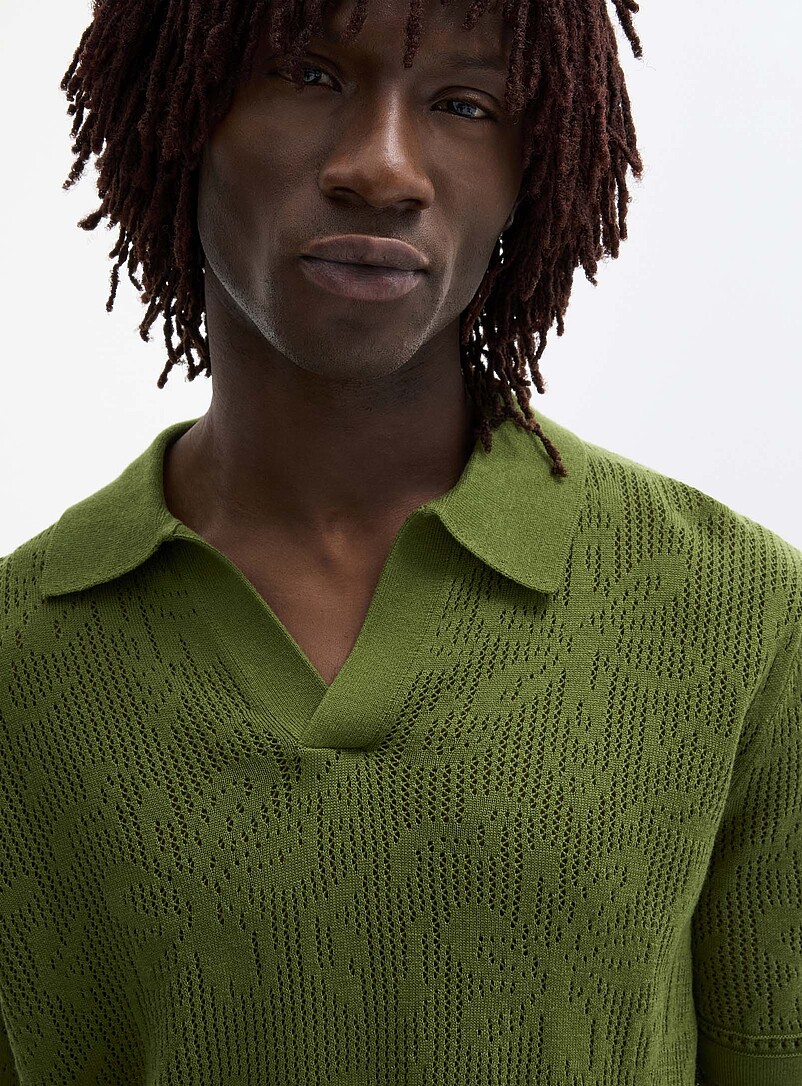 Le 31 Green Pointelle-pattern knit Johnny collar polo for men