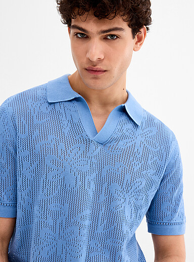 Le 31 Slate Blue Pointelle-pattern knit Johnny collar polo for men