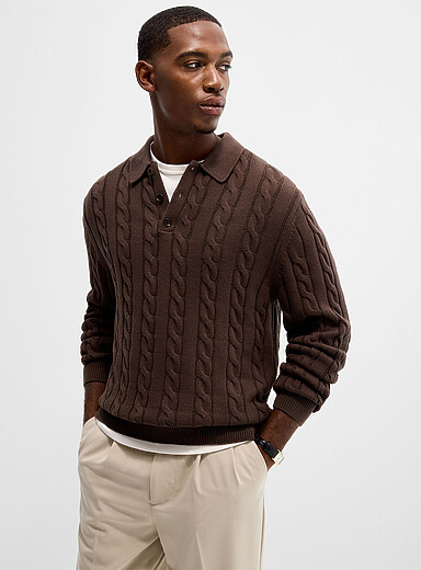 Twisted-cable knit polo sweater