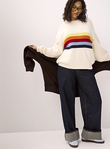 Twik Patterned White Retro stripes loose sweater for women