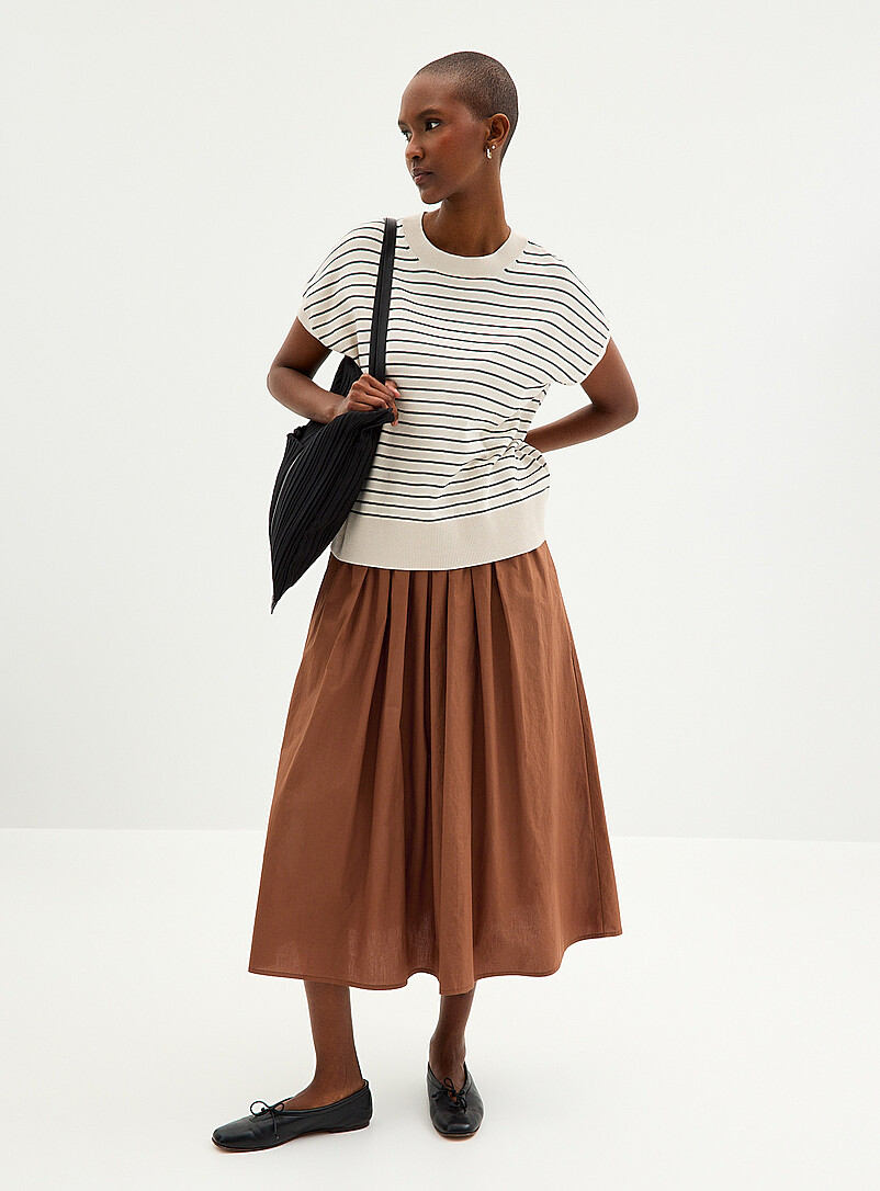 Contemporaine: Le chandail ray&eacute; manches cape pur coton Rouge &agrave; motifs pour femme