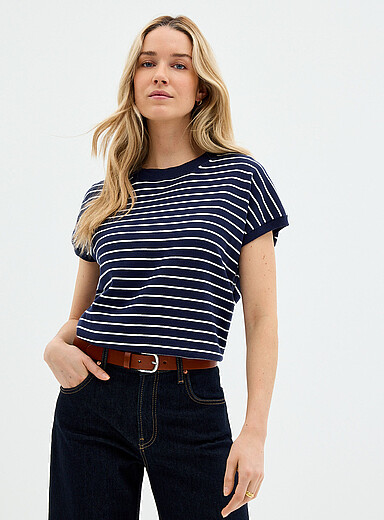 Striped cap-sleeve 100% cotton sweater