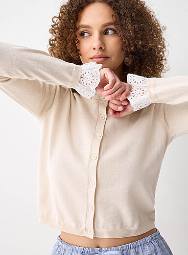 Twik Ivory/Cream Beige Broderie anglaise cuffs cardigan for women