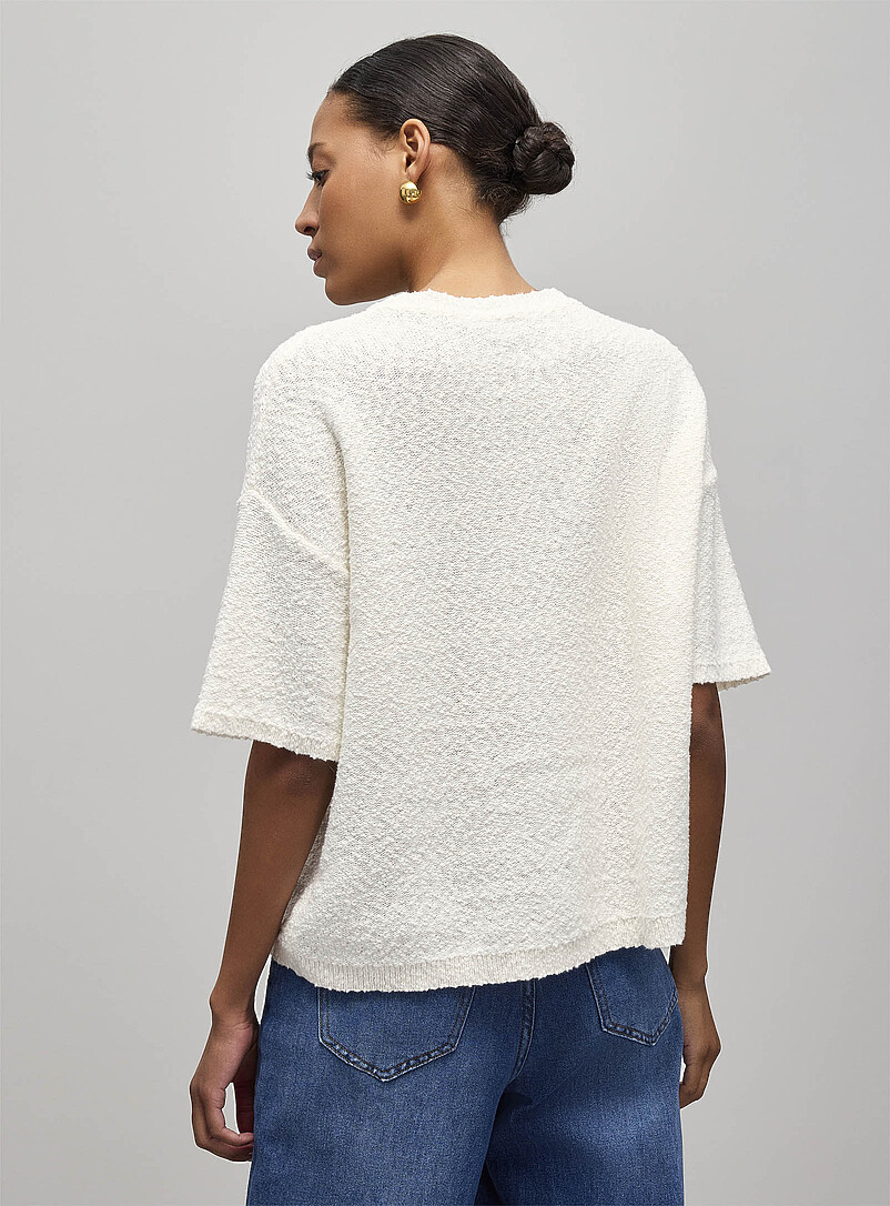 Contemporaine: Le chandail textur&eacute; pur coton retransform&eacute; Blanc cass&eacute; pour femme