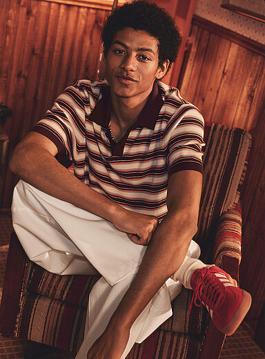 Horizontal stripe knit polo