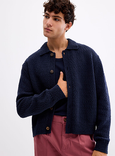 Le 31 Ecru/Linen Slub knit polo-collar cardigan for men