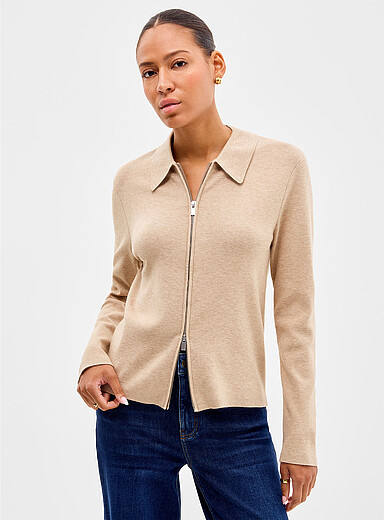 Polo-collar mini-rib zip-up cardigan
