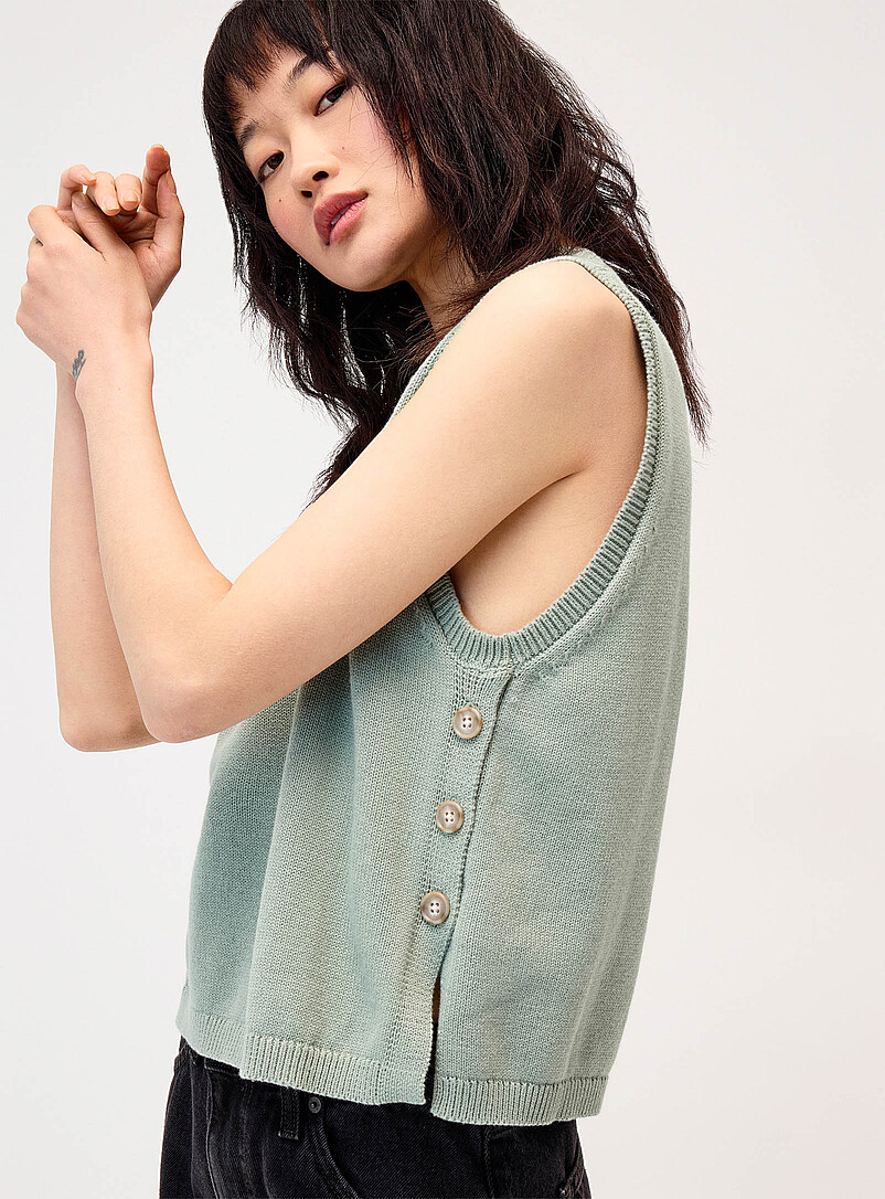 Twik Ecru/Linen Side-button cotton sweater vest for women