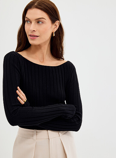 Contemporaine Black Wide ribbing fitted boat-neck sweater for women