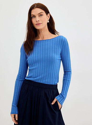 Contemporaine Slate Blue Wide ribbing fitted boat-neck sweater for women