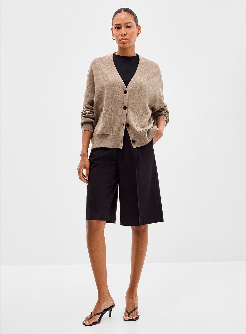 Contemporaine Taupe Square V-neck pure cotton cardigan for women