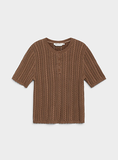 Scalloped trim henley collar openwork sweater