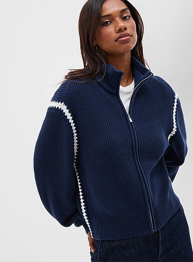 Le cardigan zipp&eacute; surjet contraste coton retransform&eacute;