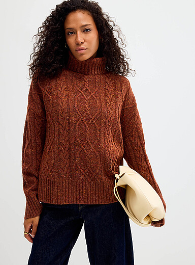 Contemporaine Citrus/Bright Orange Confetti-knit merino wool turtleneck sweater for women