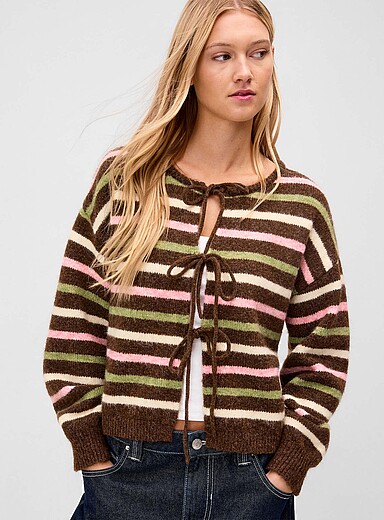 Twik Patterned Green Stripes and bows cardigan for women