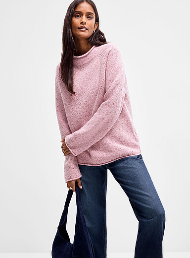 Contemporaine: Le chandail tricot confetti col montant laine m&eacute;rinos Vieux rose pour femme