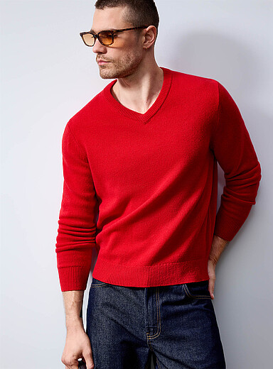 Le 31 Red V-neck sweater <b>Recycled lambswool</b> for men