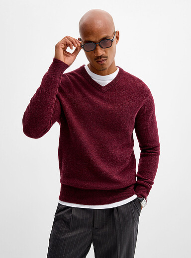 Le 31 Burgundy V-neck sweater <b>Recycled lambswool</b> for men