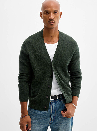 Le 31 Mossy Green Minimalist cardigan <b>Recycled lambswool</b> for men