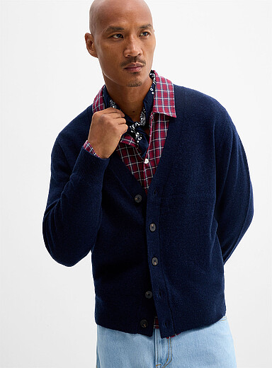 Le 31 Navy/Midnight Blue Minimalist cardigan <b>Recycled lambswool</b> for men