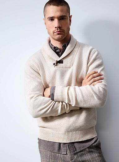 Le 31 Ecru/Linen Shawl-collar sweater <b>Recycled lambswool</b> for men
