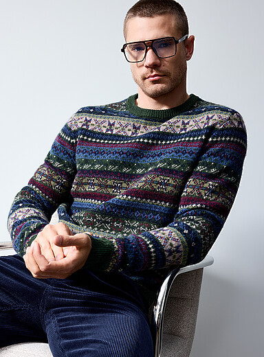 Le 31: Le chandail jacquard Fair Isle <b>Laine d'agneau recycl&eacute;e</b> Vert &agrave; motifs pour homme
