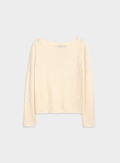 Fuzzy pointelle boat-neck sweater