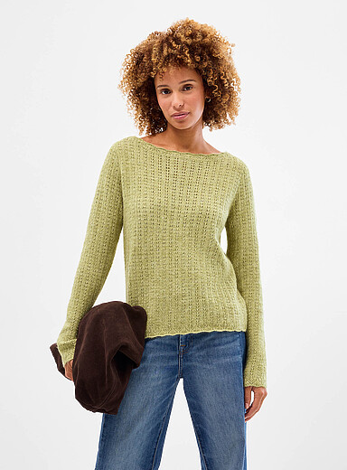 Contemporaine Pine/Bottle Green Fuzzy pointelle boat-neck sweater for women
