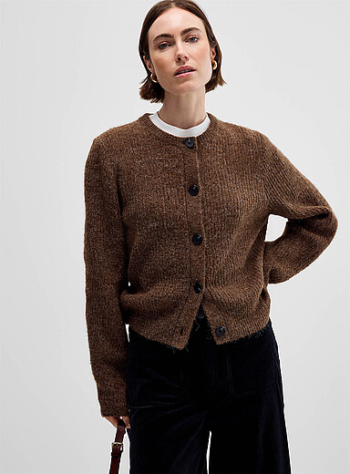 Contemporaine Taupe Boxy fuzzy heathered shaker-rib knit cardigan for women