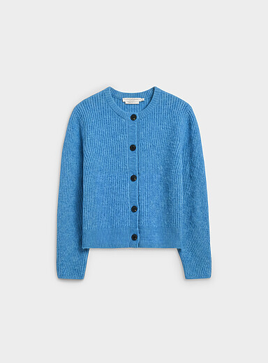 Boxy fuzzy heathered shaker-rib knit cardigan