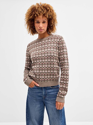Contemporaine Taupe Flower field jacquard pure cotton sweater for women