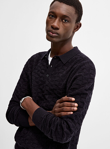 Le 31 Black Geometric jacquard knit polo for men