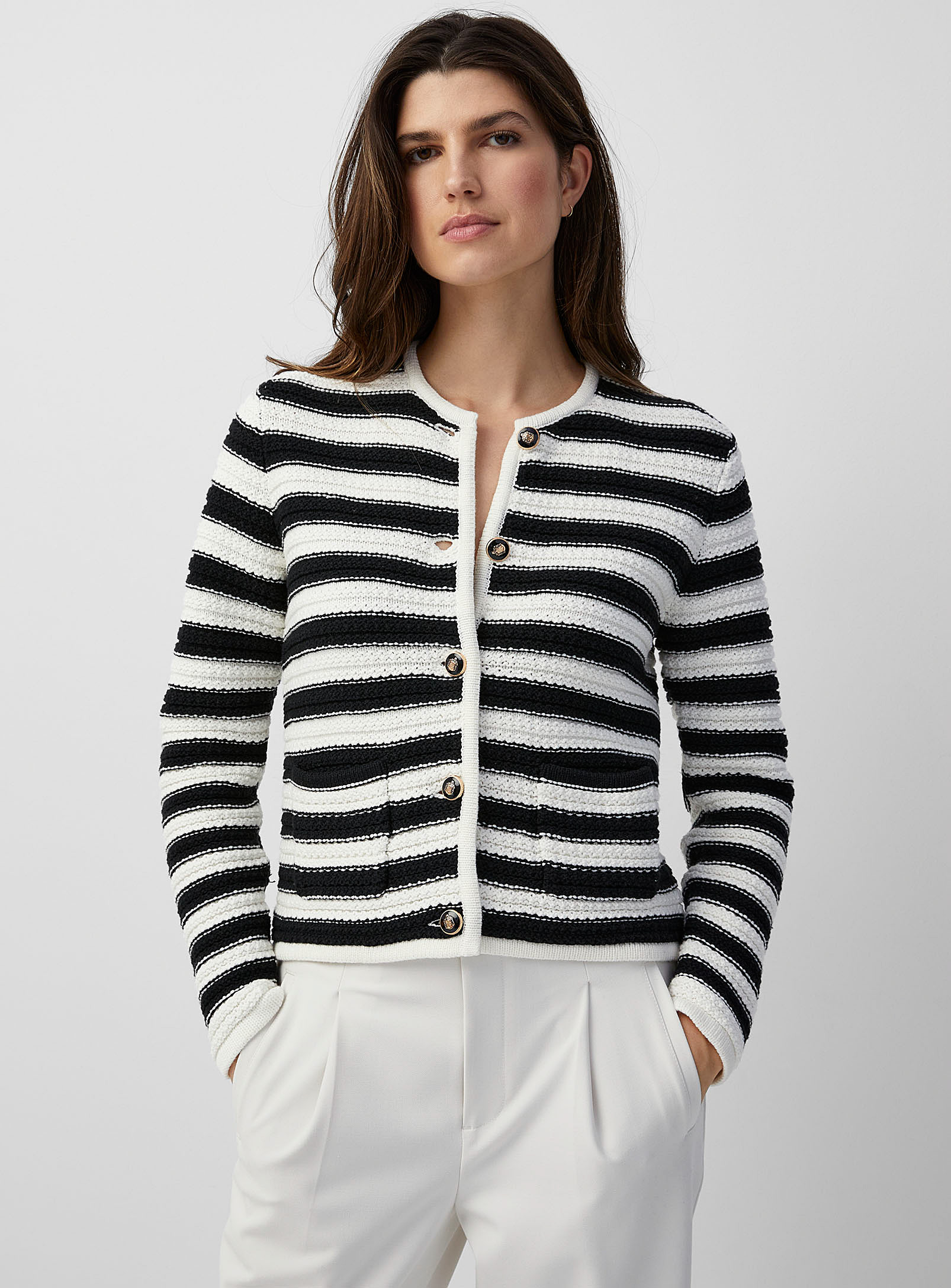 Contemporaine Crest Buttons Textured Cardigan In Black And White