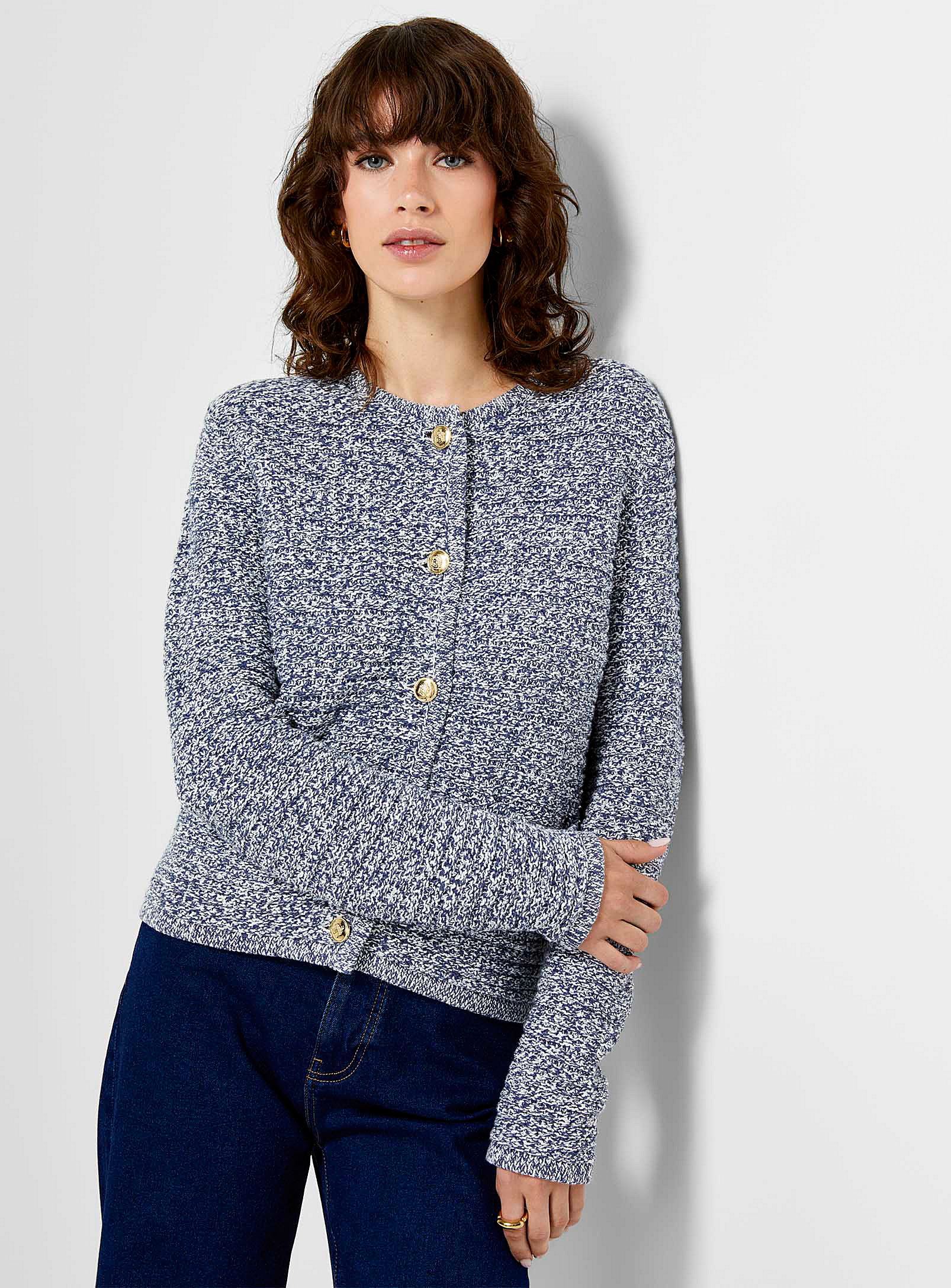 Contemporaine Crest Buttons Textured Cardigan In Gray