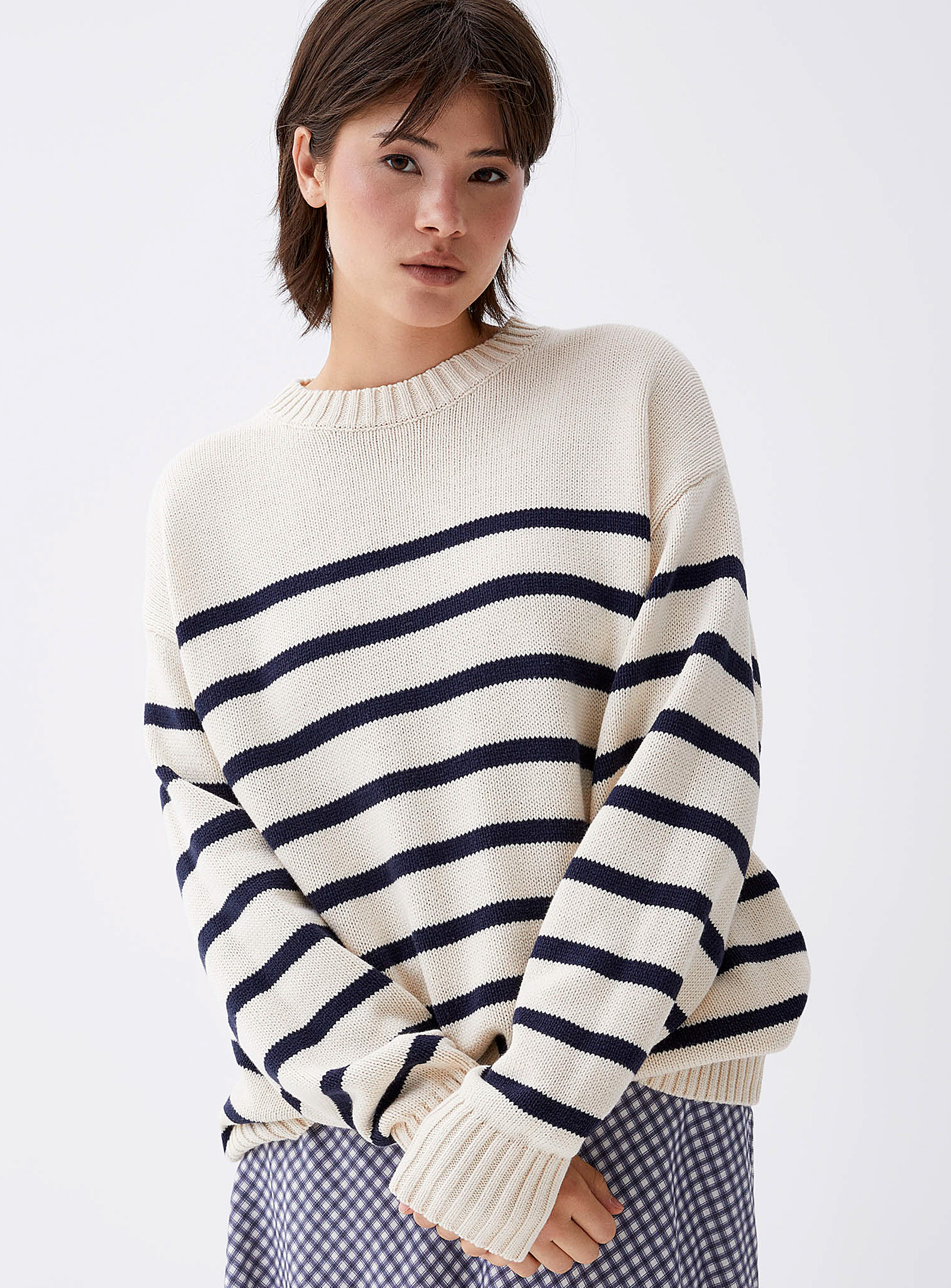 Twik Wide-stripe Longline Sweater In Patterned Ecru